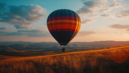 Obraz premium A colorful hot air balloon soaring over a serene landscape at sunset.