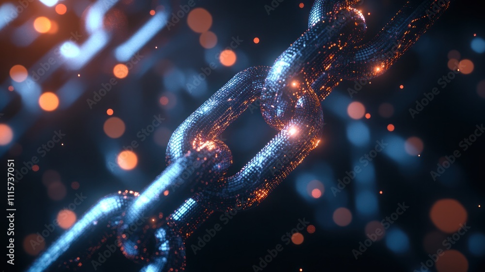 Poster blockchain technology in a 3d format, depicting multiple layers of linked chains with luminous spher