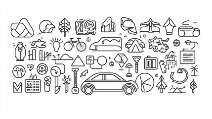 Naklejka premium Line art icons depicting travel, nature, technology, and sustainability.