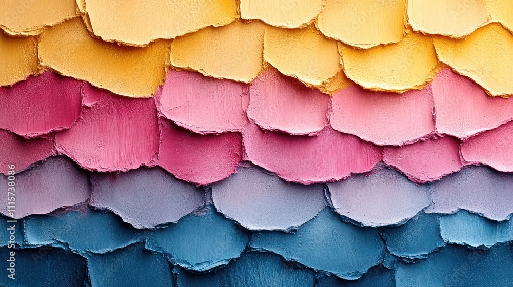 Poster colorful layered scales in gradient hues resembling a textured surface.