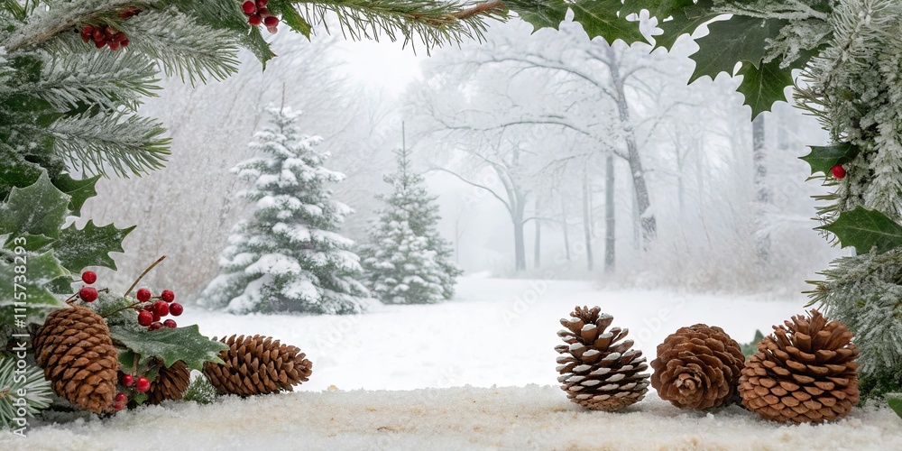 Poster a snowy landscape with pine trees and a few pine cones