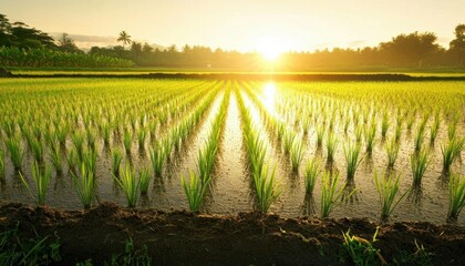 Lush rice field at sunrise, showcasing agricultural beauty and serenity.