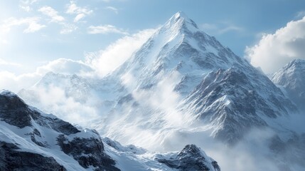 Obraz premium A majestic snow-covered mountain peak surrounded by clouds and rocky terrain.
