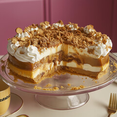 Layered Banoffee Pie with Whipped Cream and Crumbled Biscuit Topping