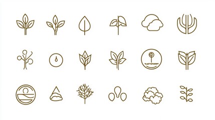 Minimalist nature icons set; line art leaves, plants, trees, and environment symbols.