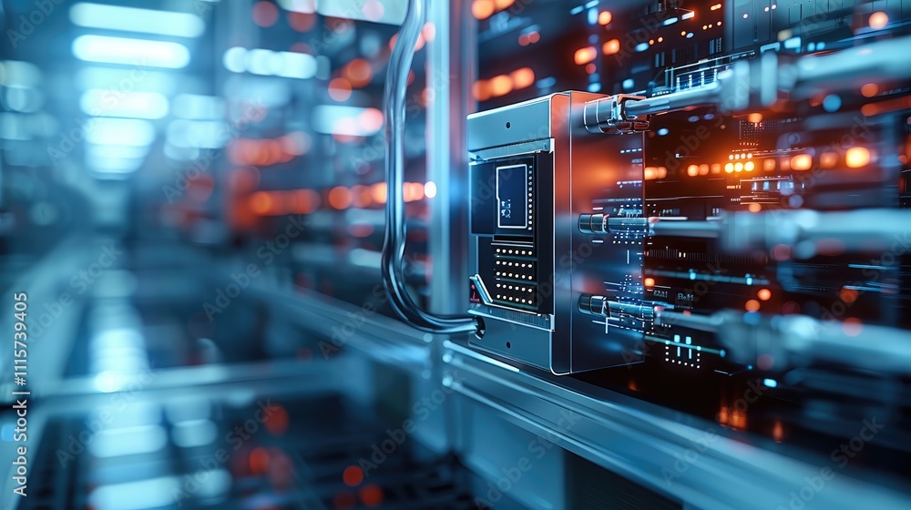 Aufkleber A hardware security module integrated with blockchain encryption keys, sharp focus on the advanced cryptographic locks. The blurred background shows a high-tech lab.