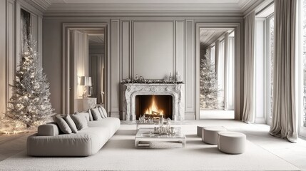 Fototapeta premium Elegant and Cozy Christmas Living Room with Fireplace and Tree