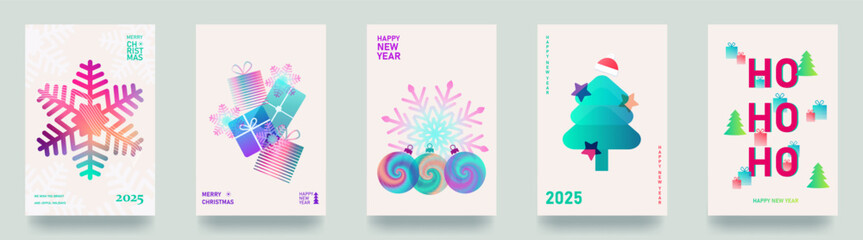 Set of colorful cards, flyers, posters for the New Year 2025. Christmas greetings. Modern minimalist style. Gradient colors. Vector