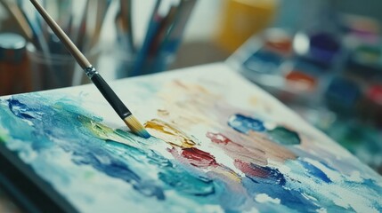 Fototapeta premium set of watercolor paints with a brush in focus with a blurred canvas and art supplies in the background soft lighting and artistic style