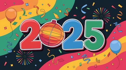 Colorful 2025 New Year Celebration Design with Balloons, Confetti, and Streamers