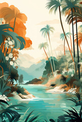Tropical jungle river landscape illustration with palm trees