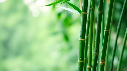 Fototapeta premium Close-up of vibrant green bamboo stalks with water droplets, serene nature background