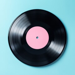 Minimalistic Vinyl Record with Pink Label on Light Blue Background