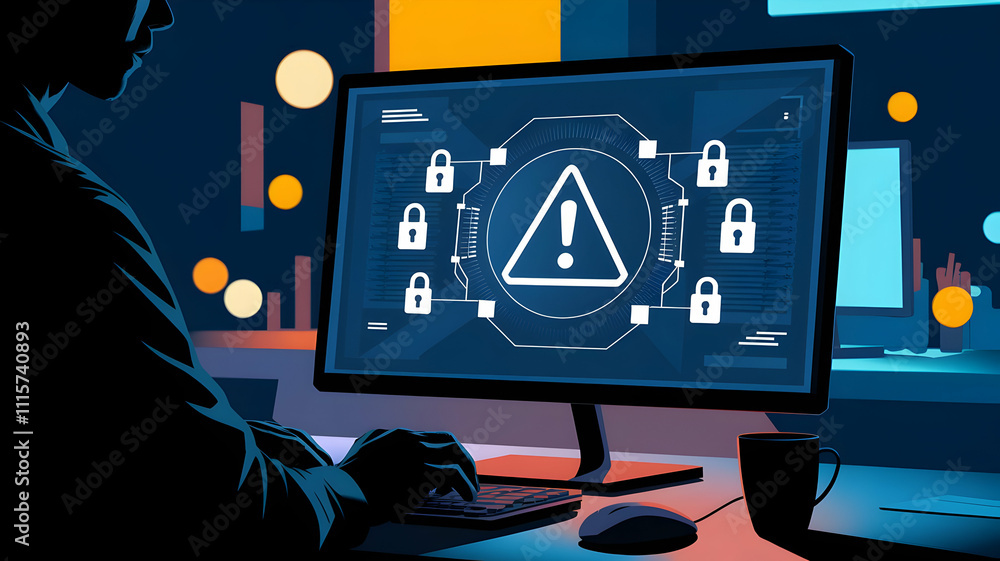 Poster cybersecurity alert: a silhouette of a person working on a computer with a warning sign and locks on