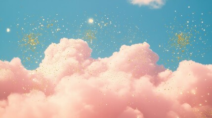 Dreamy pink clouds with sparkling effects against a blue sky.