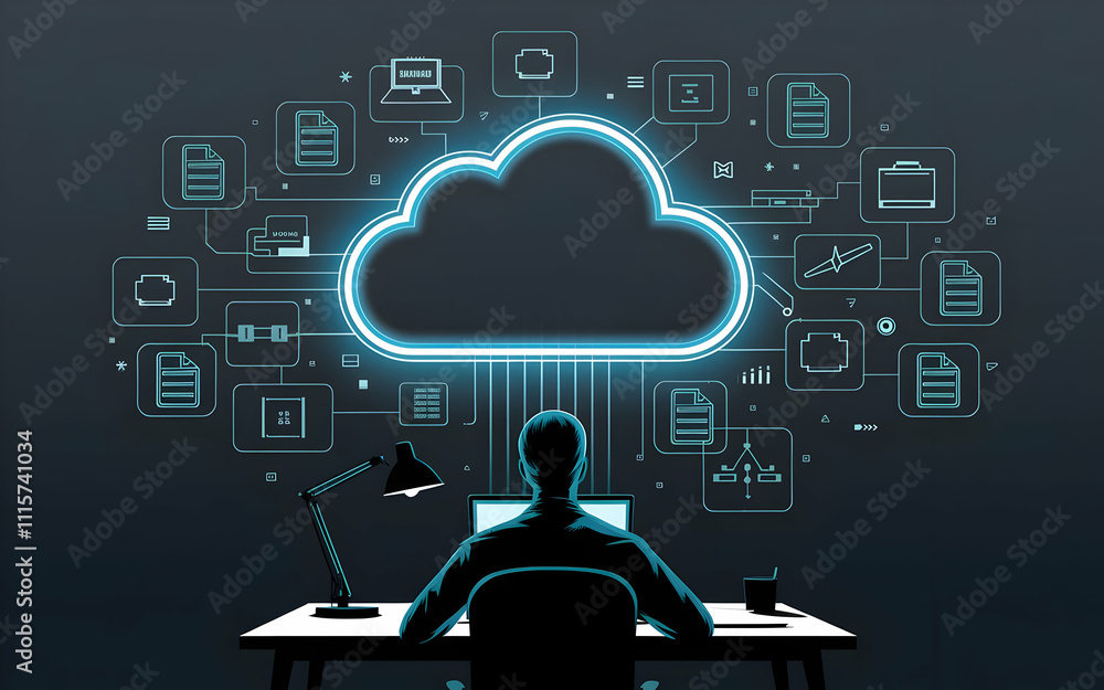 Poster cloud computing: a person sits at a desk, facing away from the camera, working on a computer. a glow