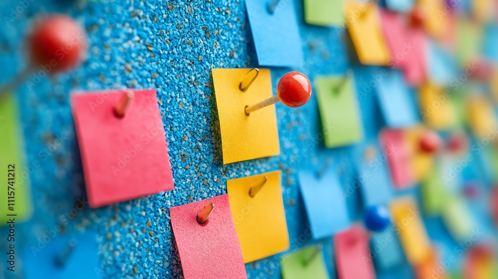 Poster a blue corkboard with many colorful sticky notes and push pins.