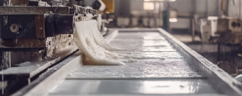 Poster fresh latex being processed into sheets in factory setting, showcasing smooth flow and texture of ma