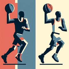 Fototapeta premium Flat illustration of a minimalist basketball poster, using only three colors. The design features a stylized figure of a basketball player holding a ball