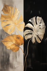 Modern abstract illustration of golden monstera leaves on black and white background