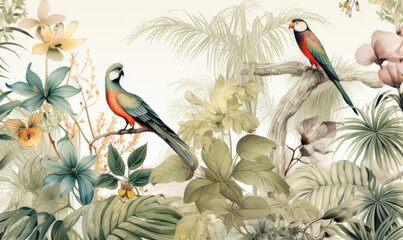 Antique Botanical Illustration with Colorful Birds and Flowers
