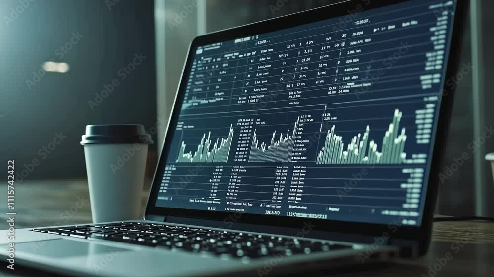 Aufkleber trading dashboard displays financial data on a laptop with coffee in a modern workspace
