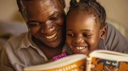 A man and a young girl are reading a book together exuding joy and happiness.