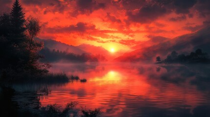 Serene sunset over a tranquil lake with mountains in the background.