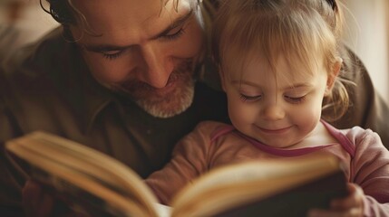 A heartwarming scene Of a grandfather and granddaughter sharing a tender moment while reading a book together