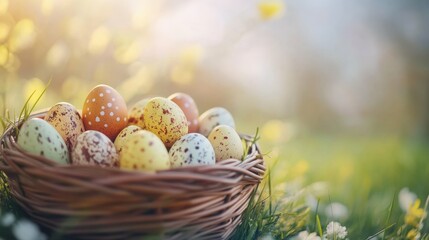 Obraz premium basket of multicolored Easter eggs in focus with a blurred spring meadow background bright lighting and festive mood