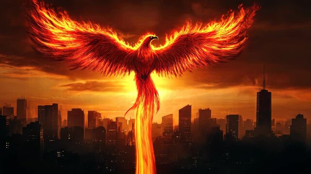 Majestic phoenix rising over burning city skyline