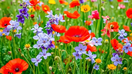 Naklejka premium Vibrant Wildflower Meadow in Full Bloom A Colorful Array of Poppies, and Delicate Blue Flowers