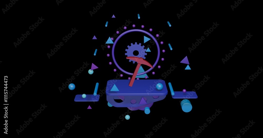 Poster red pickaxe symbol on a pedestal of abstract geometric shapes floating in the air. abstract concept 