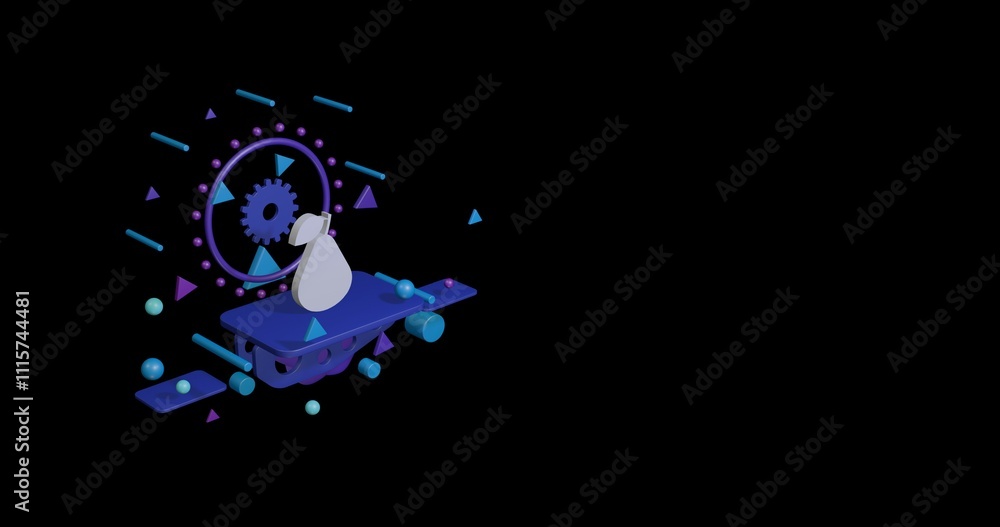 Poster white pear symbol on a pedestal of abstract geometric shapes floating in the air. abstract concept a