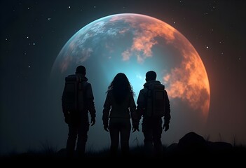 Fototapeta premium Exploration Beyond Astronauts in Silhouette Against the Moonlight and Stars Venturing Across a Distant Planet in the Universe