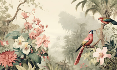 Vintage Chinoiserie Floral Pattern with Exotic Birds and Botanical Elements