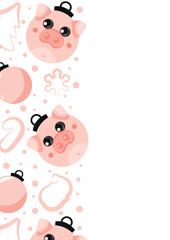 christmas or new year posters with round balls and different christmas toys with pink pig design, for different holiday ads and banners