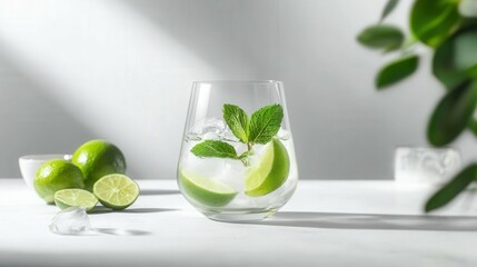 Transparent glass with mojito fresh mint leaves lime slices ice cubes isolated on a clean white background bright studio lighting