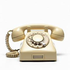 Vintage beige rotary telephone with coiled cord isolated on white background, retro style, AI