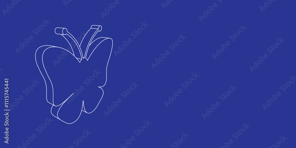 Poster the outline of a large butterfly symbol made of white lines on the left. 3d view of the object in pe