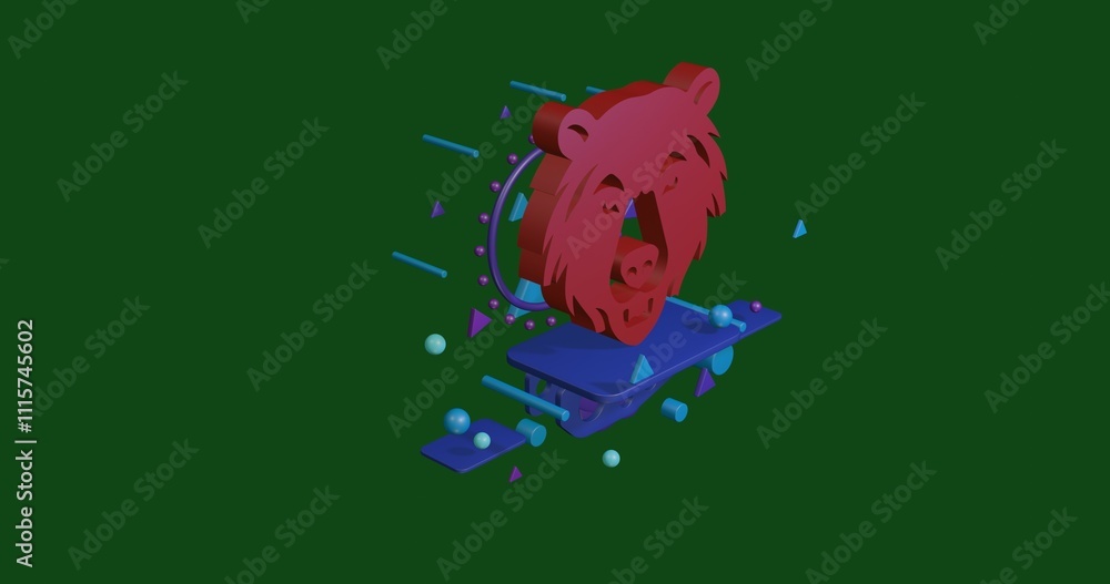 Aufkleber red bear head symbol on a pedestal of abstract geometric shapes floating in the air. abstract concep