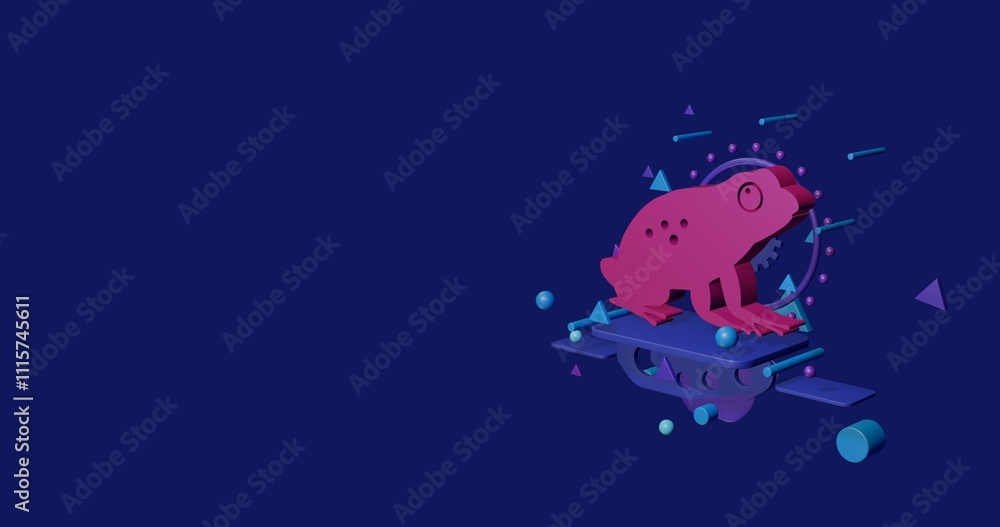 Poster pink frog symbol on a pedestal of abstract geometric shapes floating in the air. abstract concept ar