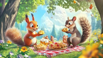Fototapeta premium A Joyful Gathering of Animals Enjoying a Delightful Picnic in a Lush Green Setting, Perfect for Nature and Wildlife Enthusiasts