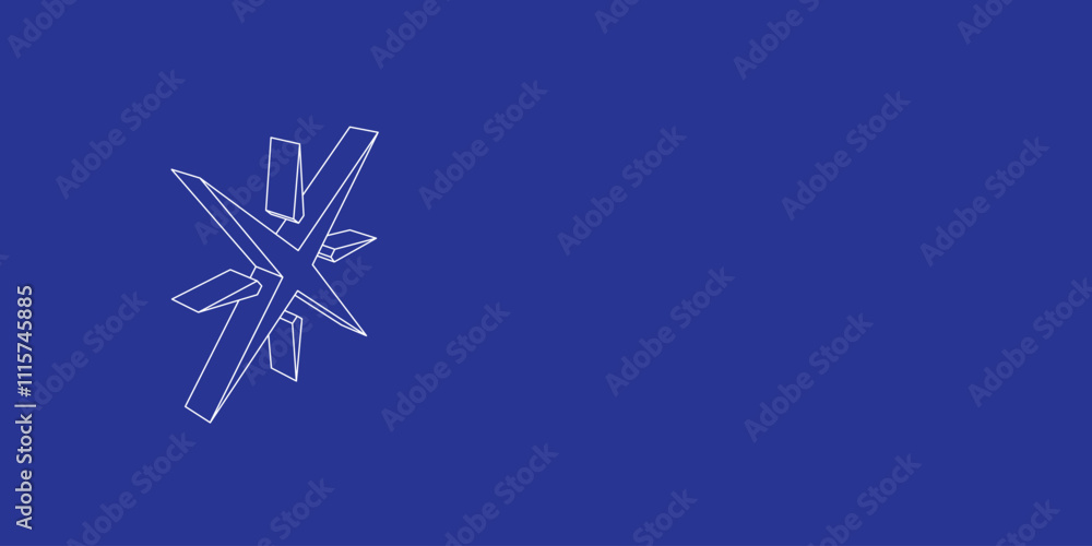 Poster the outline of a large star symbol made of white lines on the left. 3d view of the object in perspec