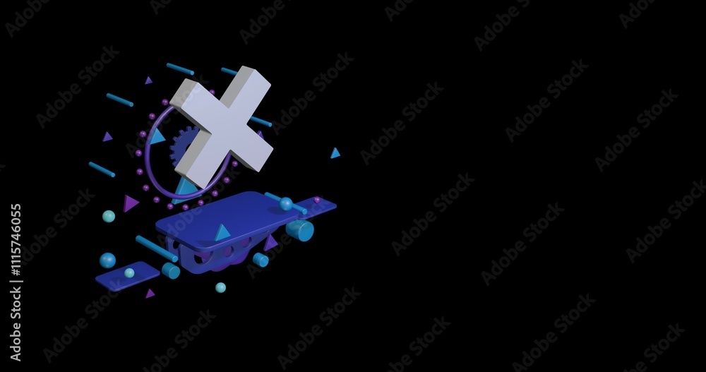 Poster white multiplication symbol on a pedestal of abstract geometric shapes floating in the air. abstract
