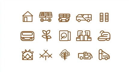 Simple brown line icons of transportation, nature, and housing.
