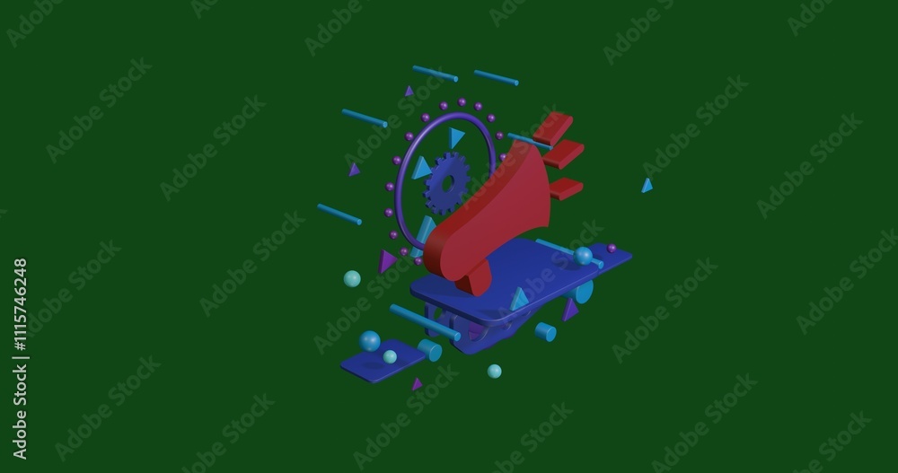 Poster red megaphone symbol on a pedestal of abstract geometric shapes floating in the air. abstract concep