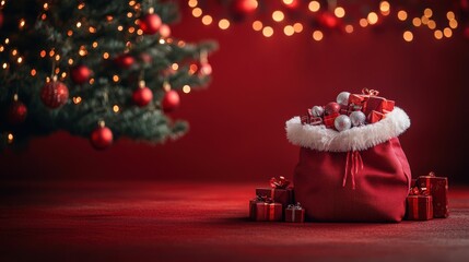 Christmas tree with Santa Claus bag filled with many gifts, on red solid backdrop table, christmas themed decors and string lightings hanging from above, Christmas background