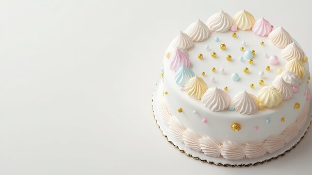 Birthday cake with pastel decorations and golden sparkles isolated on a white background with soft shadows elegant minimal
