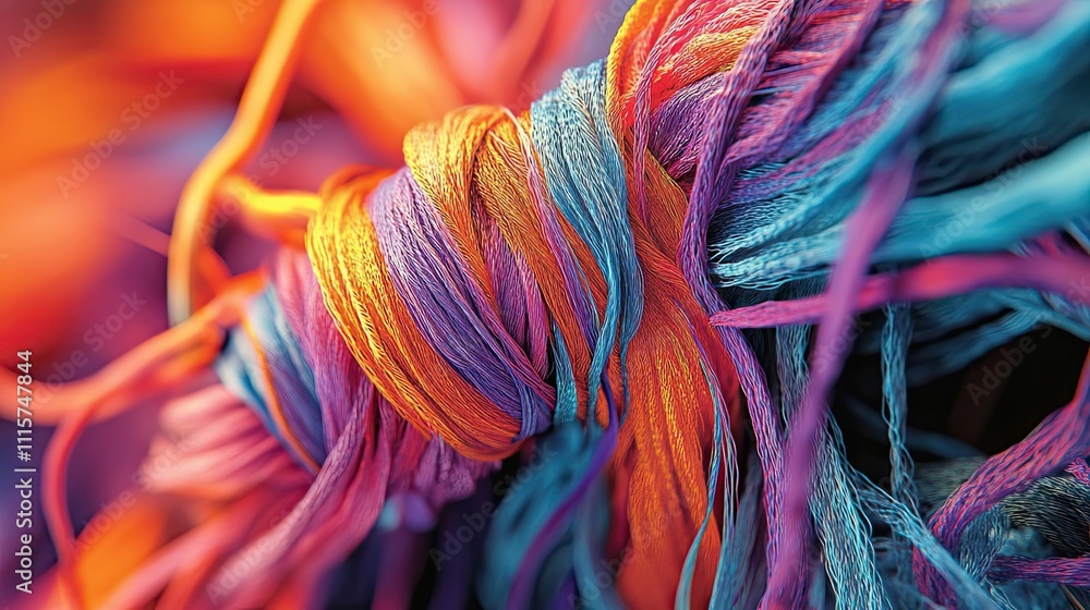 Poster vividly colored threads intertwined in a complex pattern